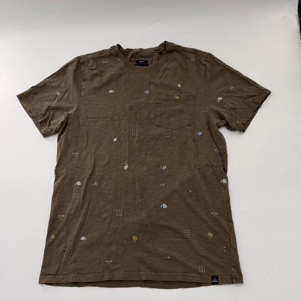 Prana Men’s Auxi Crew T Shirt Olive Green Large Camp All Over Print Slim Fit